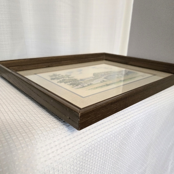 Ink Watercolor Signed Needer Framed Art Textured Matte Country Farm Scene Bridge - Picture 6 of 10